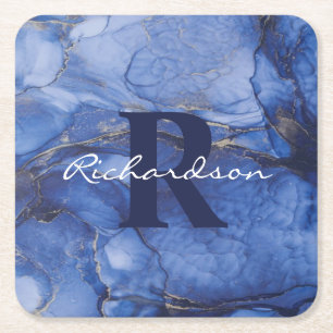 Navy Agate Monogram und Name Marble Luxe  Rechteckiger Pappuntersetzer