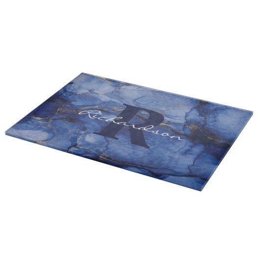 Navy Agate Monogram und Name Marble Luxe Schneidebrett (Ecke)