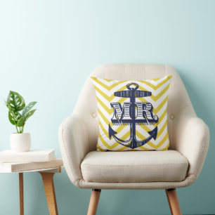 Navy Anchor Groom Zig Zag Pattern Bride Pillow Kissen