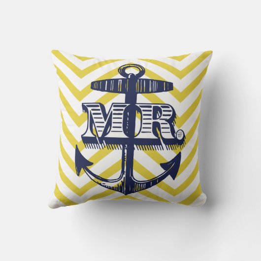 Navy Anchor Groom Zig Zag Pattern Bride Pillow Kissen (Rückseite)