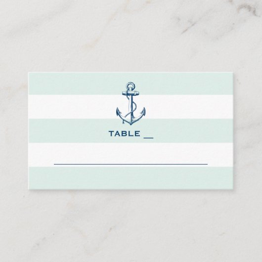 Navy Anchor & Mint Stripes Nautical Wedding Simple Platzkarte (Vorderseite)