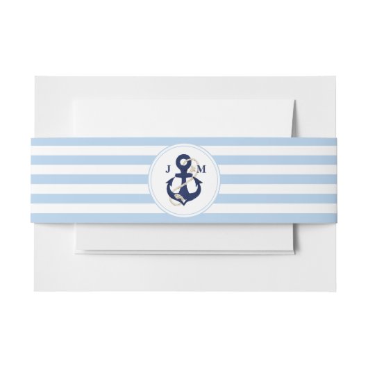 Navy Anchor Monogram Blue Sripes Nautical Wedding Einladungsbanderole (Vorderseite Beispiel)