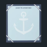 Navy Anchor & Rope Nautic Add Your Name Notizblock<br><div class="desc">Nautisches Notizblock in Blautönen mit marineblau Rahmen, Details an weißen Seilen, heller Anker und dein Name. Nehmen Sie Notizen und Dinge, um sich in diesem Anker-Thema Notizblock mit nautischen Farben und personalisiert mit Ihrem Namen zu merken. Ein Notizblock für den Kapitän in deinem Leben mit Seil, einem Anker und ihrem...</div>