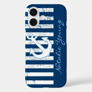 Navy Anchor & Stripes personalisiert iPhone 16 Hülle