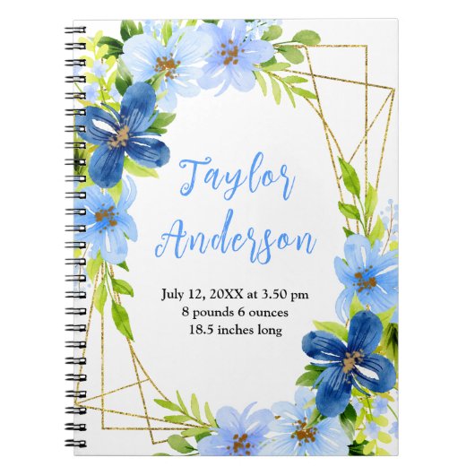 Navy and Baby Blue Floral Baby Birth Stats Notizblock (Vorderseite)