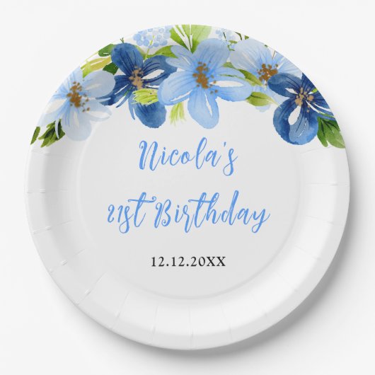 Navy and Baby Blue Floral Birthday Pappteller (Vorderseite)