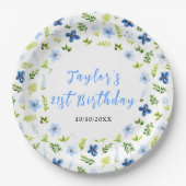 Navy and Baby Blue Floral Birthday Pappteller (Vorderseite)