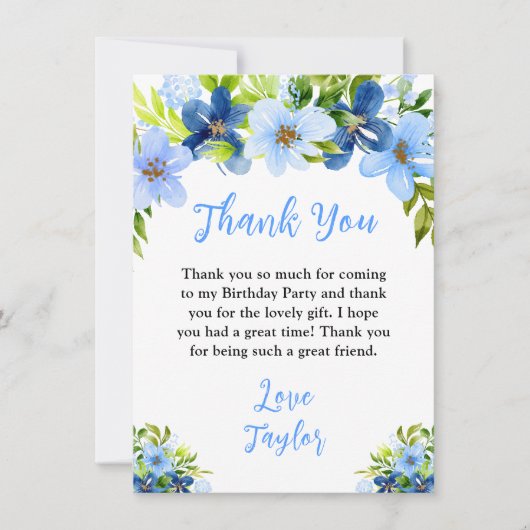 Navy and Baby Blue Floral Birthday Party Dankeskarte (Vorderseite)