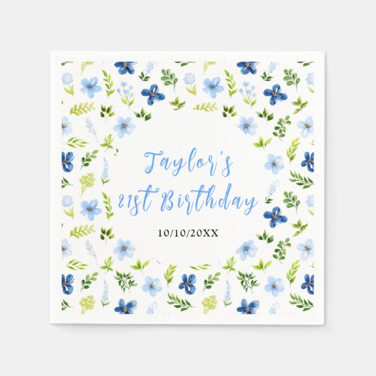 Navy and Baby Blue Floral Birthday Serviette (Vorderseite)