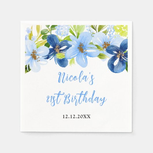 Navy and Baby Blue Floral Birthday Serviette (Vorderseite)