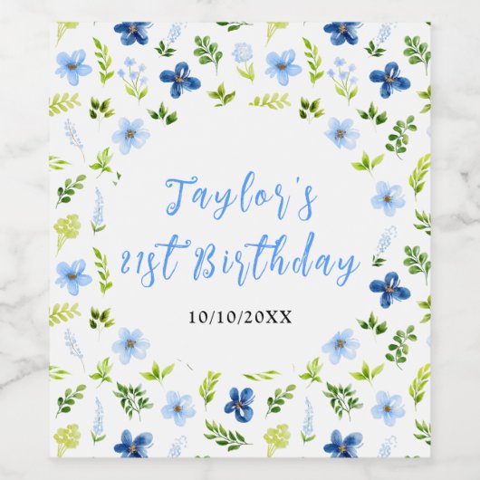 Navy and Baby Blue Floral Birthday Weinetikett (Einzelnes Label)