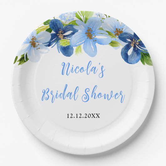 Navy and Baby Blue Floral Bridal Shower Pappteller (Vorderseite)