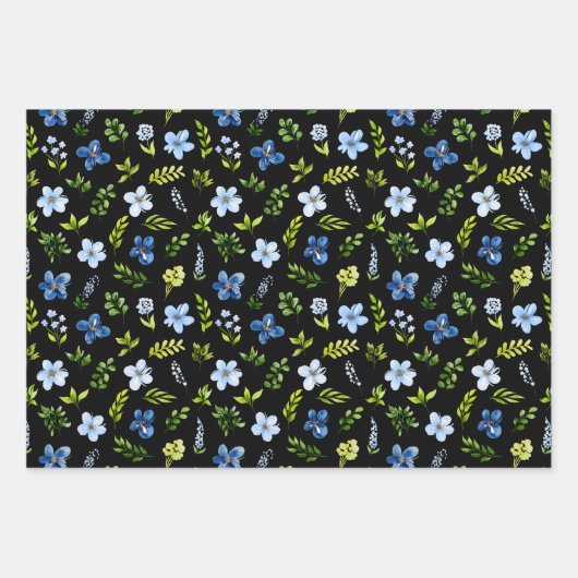 Navy and Baby Blue Flowers with Foliage Pattern Geschenkpapier Set (Vorderseite 3)