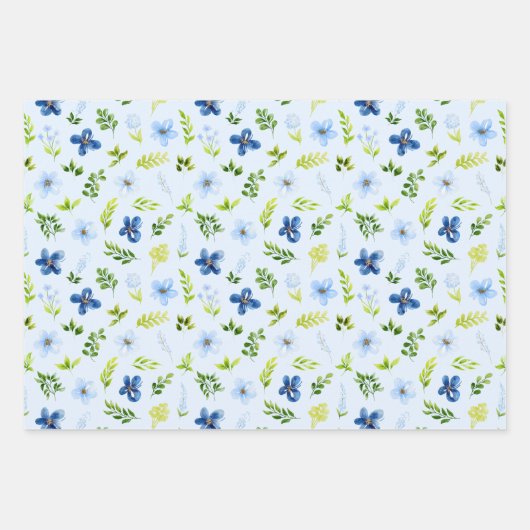 Navy and Baby Blue Flowers with Foliage Pattern Geschenkpapier Set (Vorderseite 2)