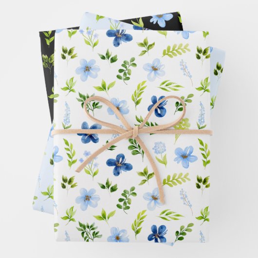 Navy and Baby Blue Flowers with Foliage Pattern Geschenkpapier Set (Beispiel)