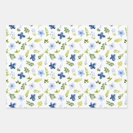Navy and Baby Blue Flowers with Foliage Pattern Geschenkpapier Set (Vorderseite)