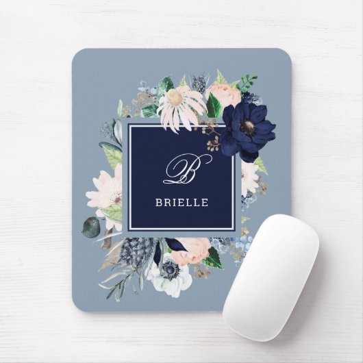 Navy and Blush Floral | Name and Monogram Mousepad (Mit Mouse)