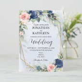 Navy and Blush Floral Wedding Invitation Einladung (Stehend Vorderseite)