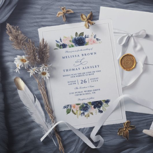 Navy and Blush Rustic Elegant Chic QR Code Wedding Einladung