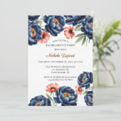 Navy and Burnt Orange Floral Bachelorette Party Einladung (Stehend Vorderseite)