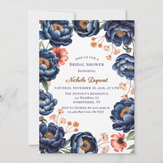 Navy and Burnt Orange Floral Bridal Shower Einladung (Vorderseite)