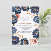 Navy and Burnt Orange Floral Bridal Shower Einladung (Stehend Vorderseite)