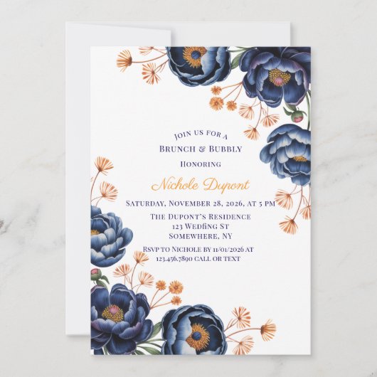 Navy and Burnt Orange Floral Brunch & Bubbly Einladung (Vorderseite)