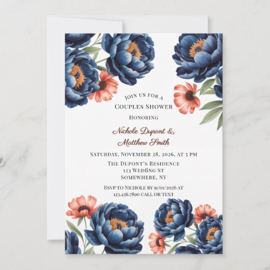 Navy and Burnt Orange Floral Couples Shower Einladung (Vorderseite)