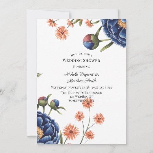 Navy and Burnt Orange Floral Wedding Shower Einladung (Vorderseite)