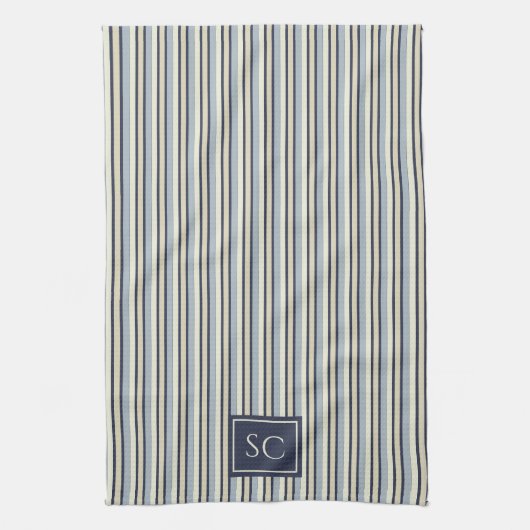 Navy And Cream Striped Pattern Monogrammed Geschirrtuch (Vertikal)