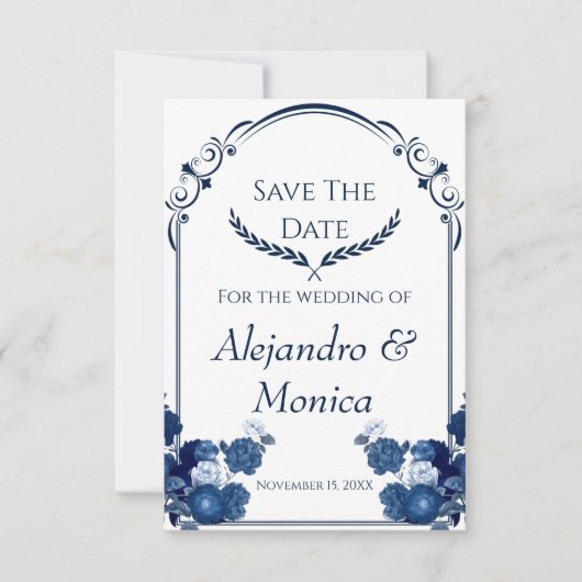 Navy and Dusty Blue Floral Classic Save The Date (Vorderseite)