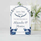 Navy and Dusty Blue Floral Classic Save The Date (Stehend Vorderseite)