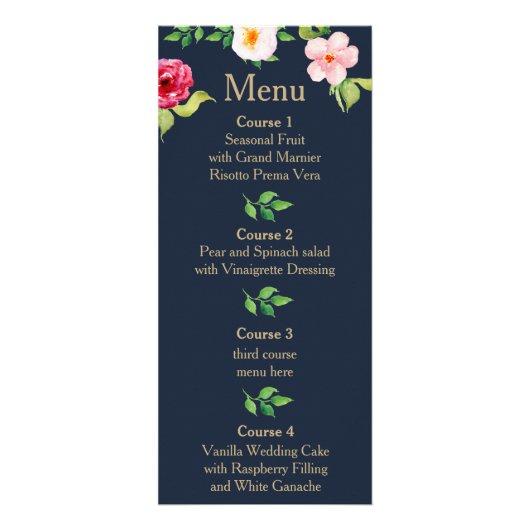 Navy and Gold Flowers Wedding Menu Werbekarte (Vorne)