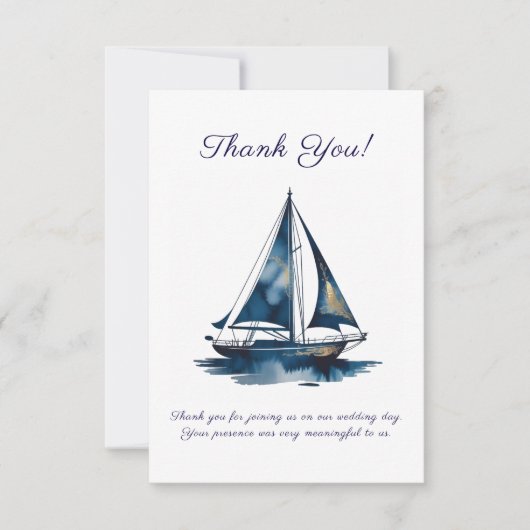 Navy And Gold Sailboat Nautical Wedding Dankeskarte (Vorderseite)