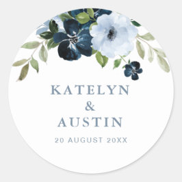 navy and light blue floral wedding runder aufkleber
