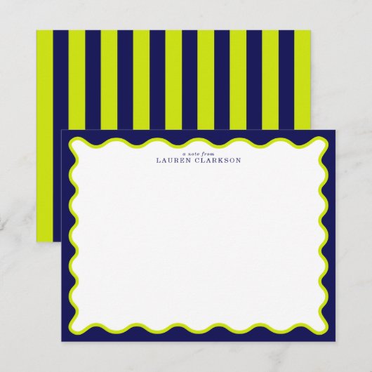 Navy and Lime Striped Back Wavy Frame Note Card Einladung (Vorne/Hinten)