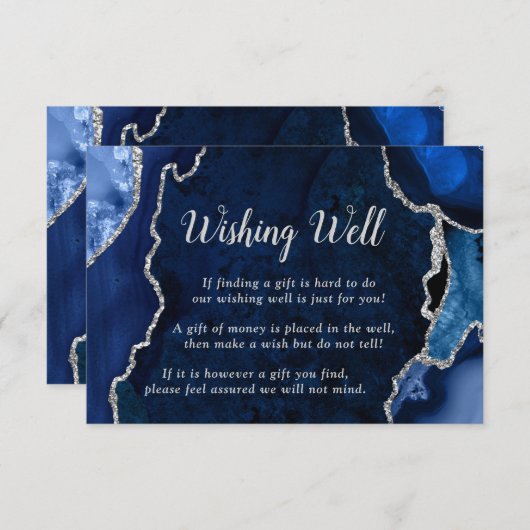 Navy and Silver Agate Wedding Wishing Well Begleitkarte (Vorne/Hinten)