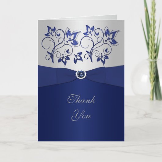 Navy and Silver Floral Thank You Card Dankeskarte (Vorderseite)