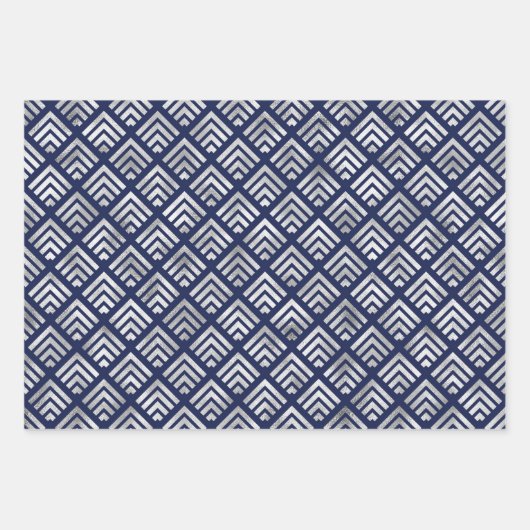 Navy and Silver Geometric Patterns Elegant Geschenkpapier Set (Vorderseite)