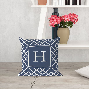 Navy and White Geometric Bamboo Lattice Monogram Kissen