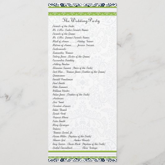 Navy Apple Green Gray Love Birds Hochzeitsprogramm Programm (Rückseite)