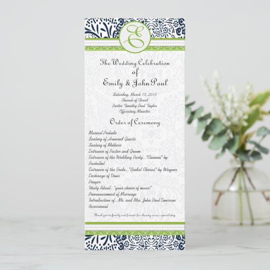 Navy Apple Green Gray Love Birds Hochzeitsprogramm Programm (Stehend Vorderseite)
