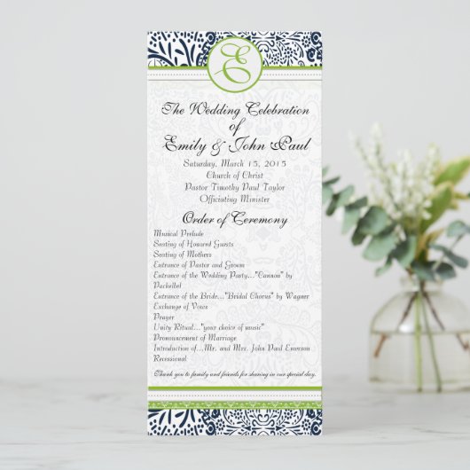 Navy Apple Green Gray Love Birds Hochzeitsprogramm Programm (Stehend Vorderseite)