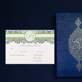 Navy Apple Green Gray Love Birds Wedding RSVP