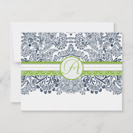 Navy Apple Green Gray Love Birds Wedding RSVP Karte