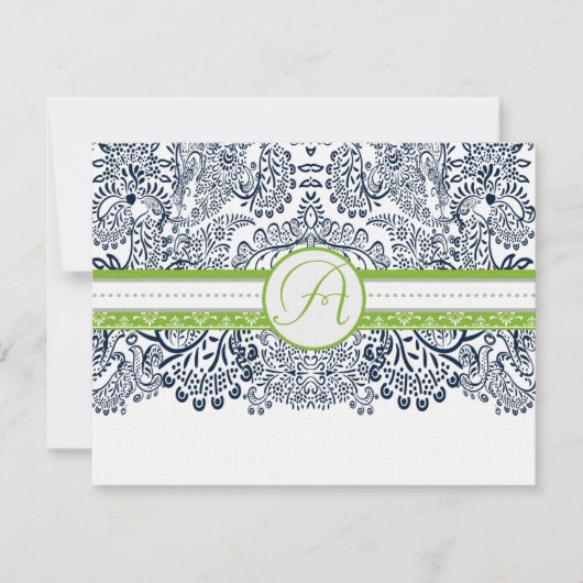 Navy Apple Green Gray Love Birds Wedding RSVP Karte (Vorderseite)