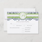 Navy Apple Green Gray Love Birds Wedding RSVP Karte (Rückseite)