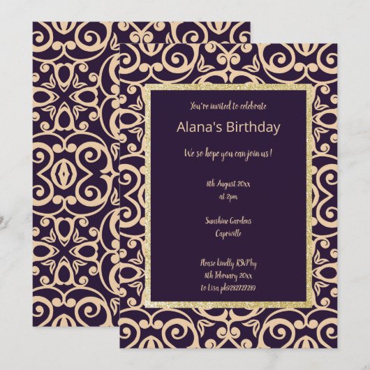 Navy Apricot Abstrakt Print Gold Moderne Elegant Einladung (Vorne/Hinten)