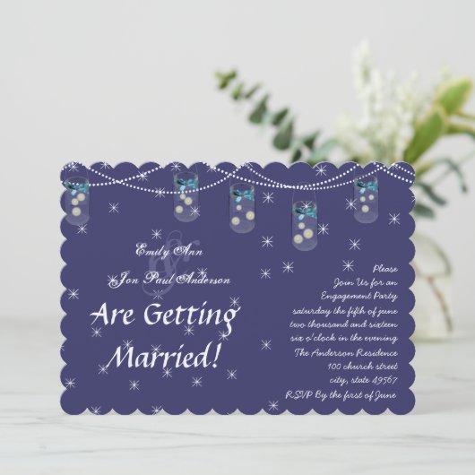 Navy Aqua Yellow Blume Mason Jar Engagement Party Einladung (Stehend Vorderseite)