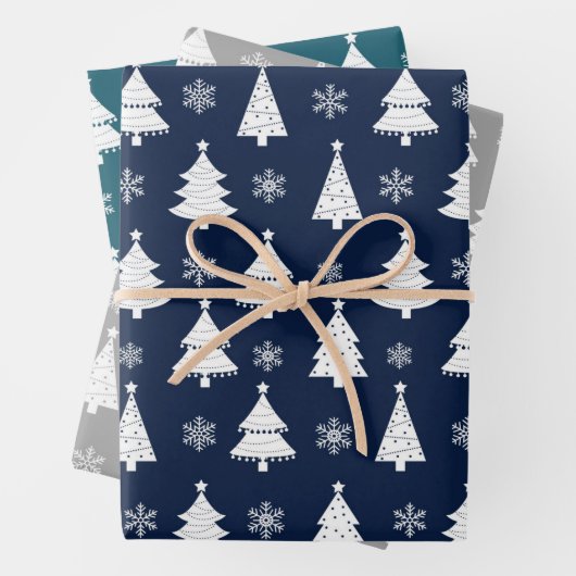 Navy, Aquamarin & Silver Winter Weihnachtsbaummust Geschenkpapier Set (Beispiel)